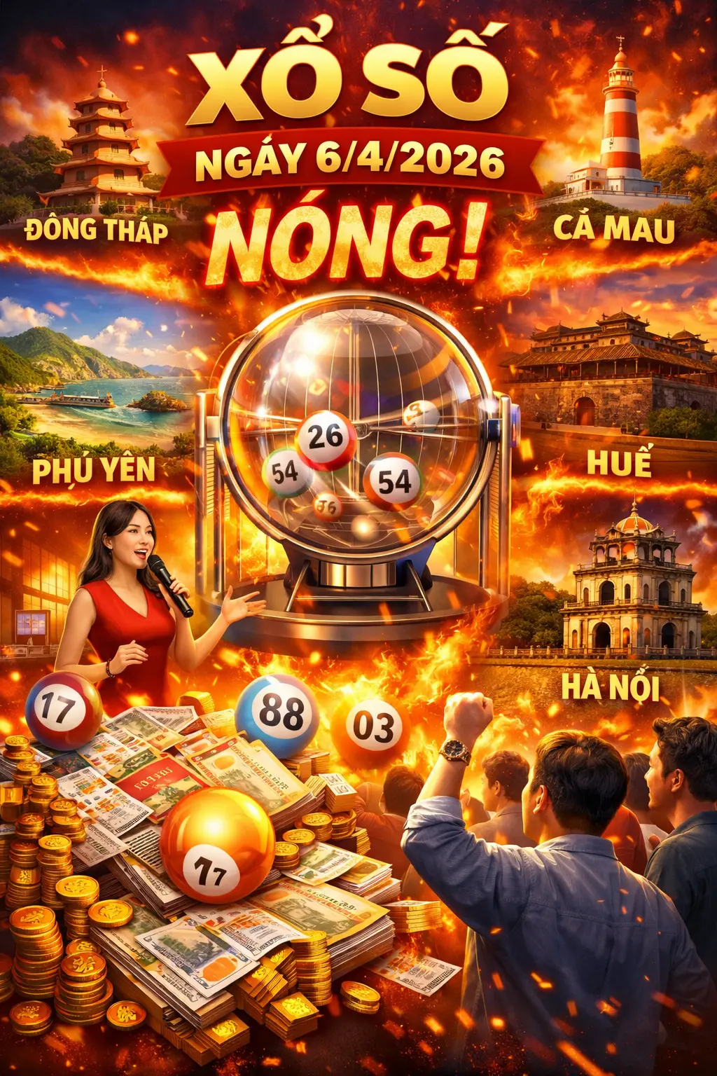 XỔ SỐ NGÀY 6/4/2026 NÓNG: Đồng Tháp, Cà Mau, Phú Yên, Huế và Hà Nội bước vào giờ G